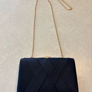 Navy Satin Envelope Clutch with Gold Chain Strap
